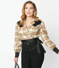Unique Vintage Brown Sparkle Plaid Western Wrap Crop Top Clothing