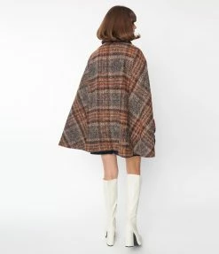 Molly Bracken Clothing Dark Tan Tartan Tweed Cape Coat