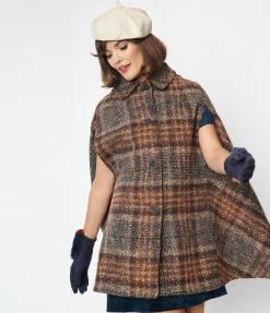 Molly Bracken Clothing Dark Tan Tartan Tweed Cape Coat