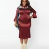 Clothing Unique Vintage Plus Size Burgundy Satin & Western Yoke Wiggle Dress