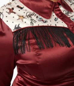 Clothing Unique Vintage Plus Size Burgundy Satin & Western Yoke Wiggle Dress