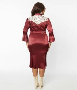 Clothing Unique Vintage Plus Size Burgundy Satin & Western Yoke Wiggle Dress
