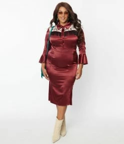 Clothing Unique Vintage Plus Size Burgundy Satin & Western Yoke Wiggle Dress