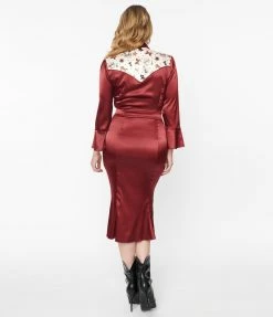 Clothing Unique Vintage Burgundy Satin & Western Yoke Wiggle Dress