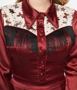 Clothing Unique Vintage Burgundy Satin & Western Yoke Wiggle Dress