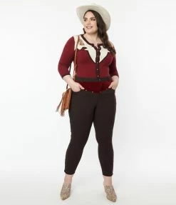 Clothing Unique Vintage Plus Size Brown Denim & Red Yoke Skinny Jeans