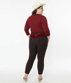 Clothing Unique Vintage Plus Size Brown Denim & Red Yoke Skinny Jeans
