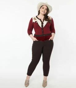 Clothing Unique Vintage Plus Size Brown Denim & Red Yoke Skinny Jeans