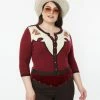 Unique Vintage Plus Size Burgundy & Horse Embroidered Bookworm Cardigan Clothing