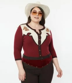 Unique Vintage Plus Size Burgundy & Horse Embroidered Bookworm Cardigan Clothing