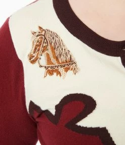 Unique Vintage Plus Size Burgundy & Horse Embroidered Bookworm Cardigan Clothing