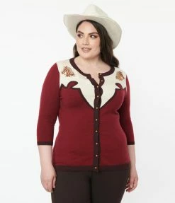 Unique Vintage Plus Size Burgundy & Horse Embroidered Bookworm Cardigan Clothing