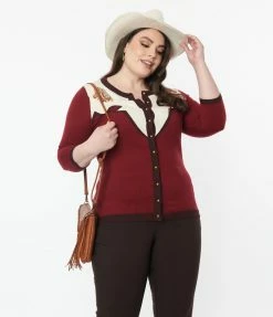 Unique Vintage Plus Size Burgundy & Horse Embroidered Bookworm Cardigan Clothing