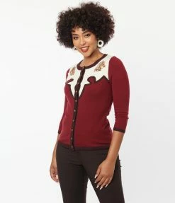 Unique Vintage Burgundy & Horse Embroidered Bookworm Cardigan
