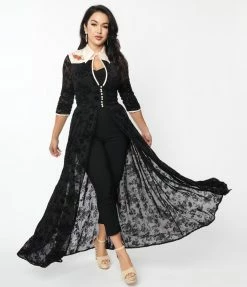 New Arrivals! Unique Vintage Black Floral Mesh Western Duster