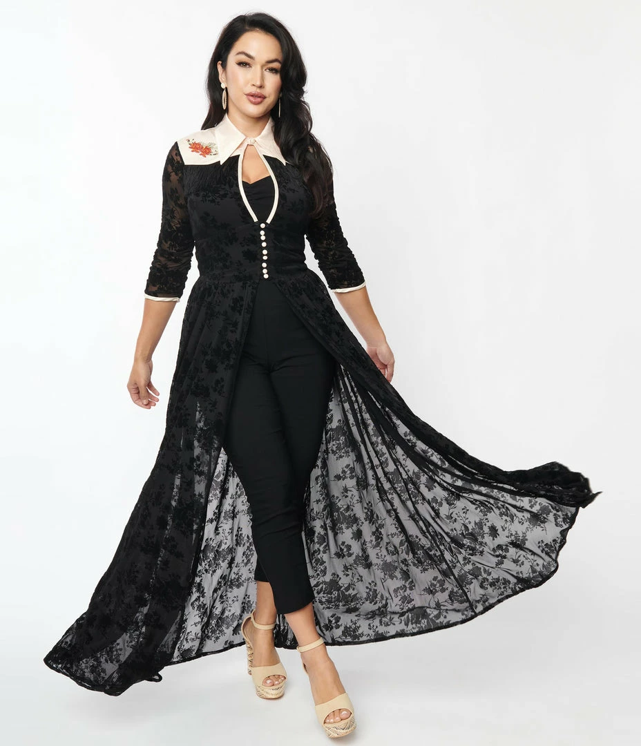 New Arrivals! Unique Vintage Black Floral Mesh Western Duster