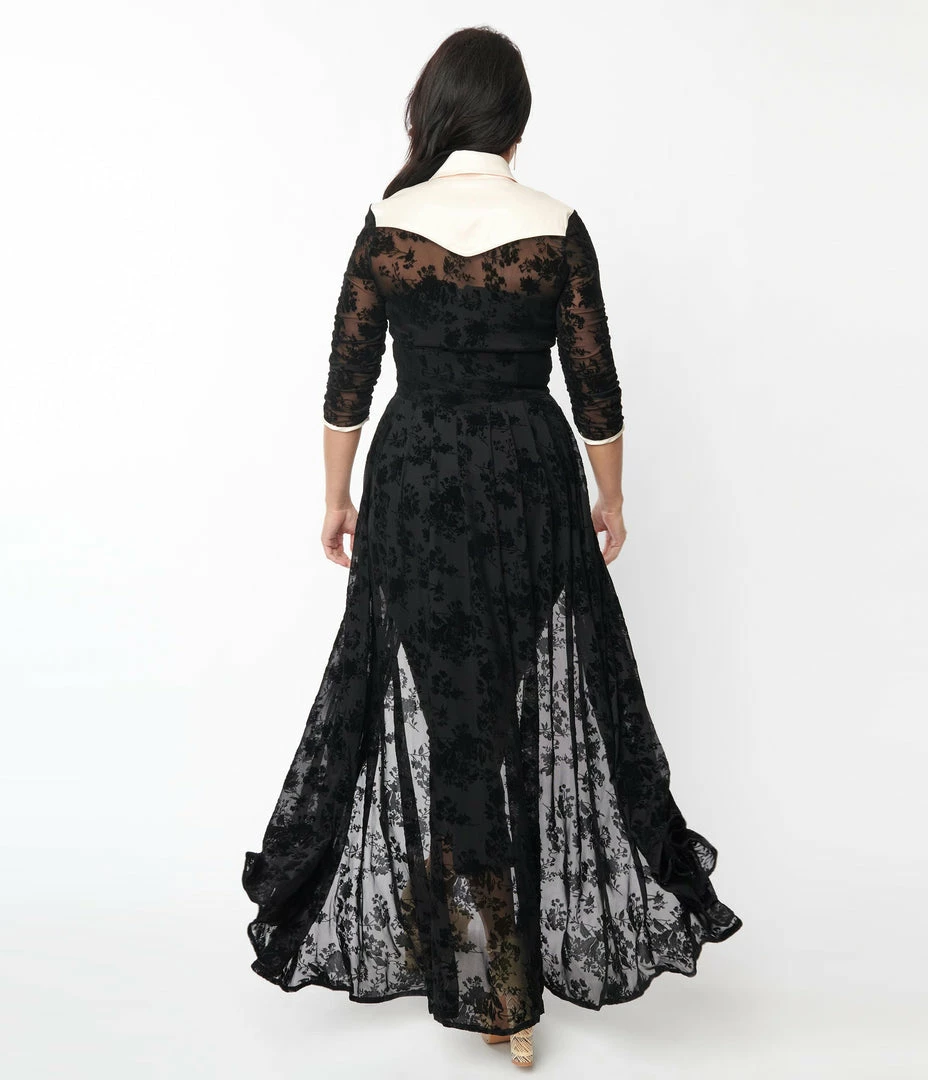 New Arrivals! Unique Vintage Black Floral Mesh Western Duster