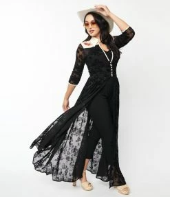 New Arrivals! Unique Vintage Black Floral Mesh Western Duster