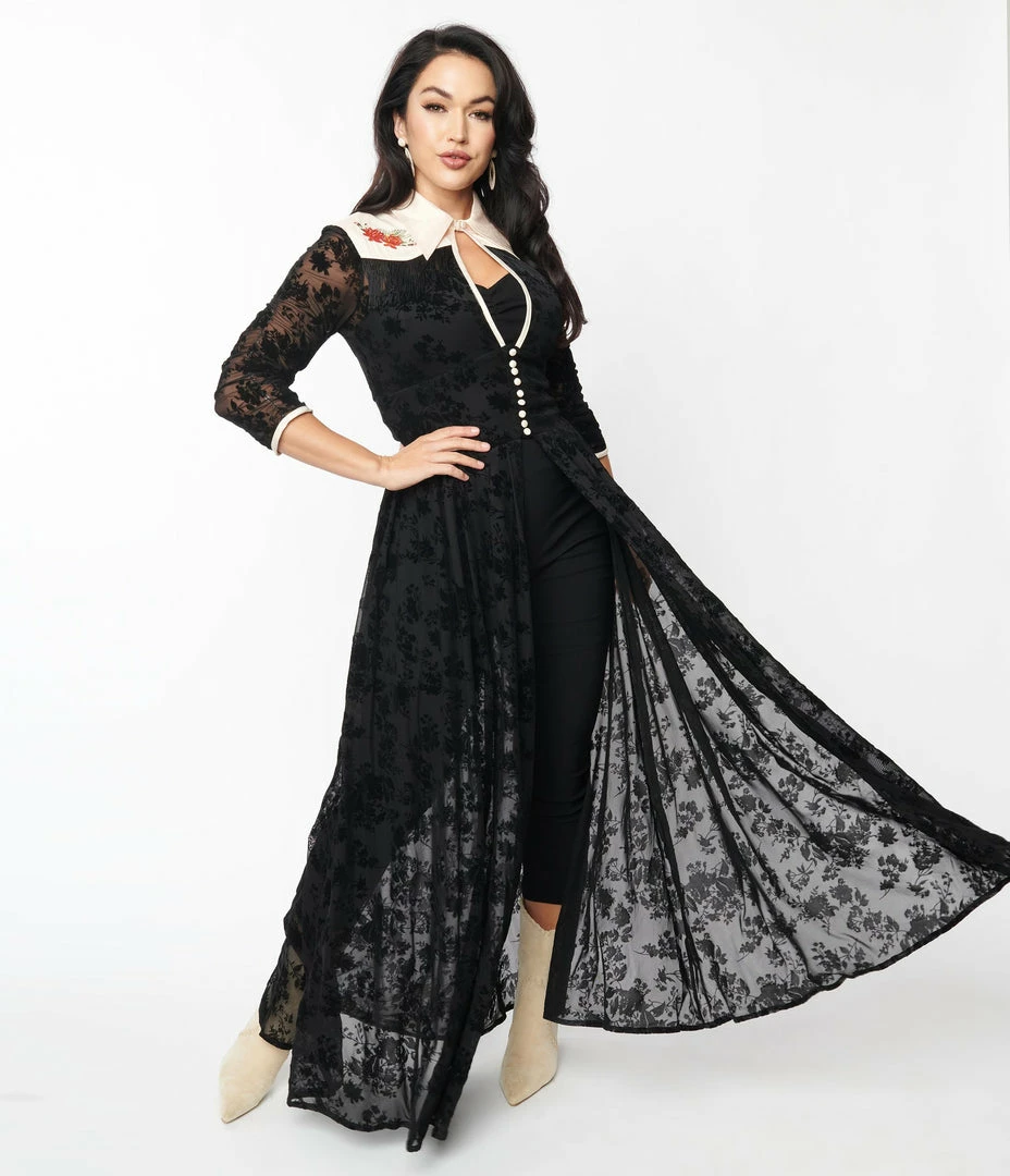 New Arrivals! Unique Vintage Black Floral Mesh Western Duster