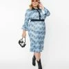 Unique Vintage Plus Size Blue Western Pin-Up Print Wiggle Dress