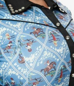 Unique Vintage Plus Size Blue Western Pin-Up Print Wiggle Dress