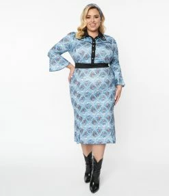 Unique Vintage Plus Size Blue Western Pin-Up Print Wiggle Dress