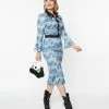 Clothing Unique Vintage Blue Western Pin-Up Print Wiggle Dress
