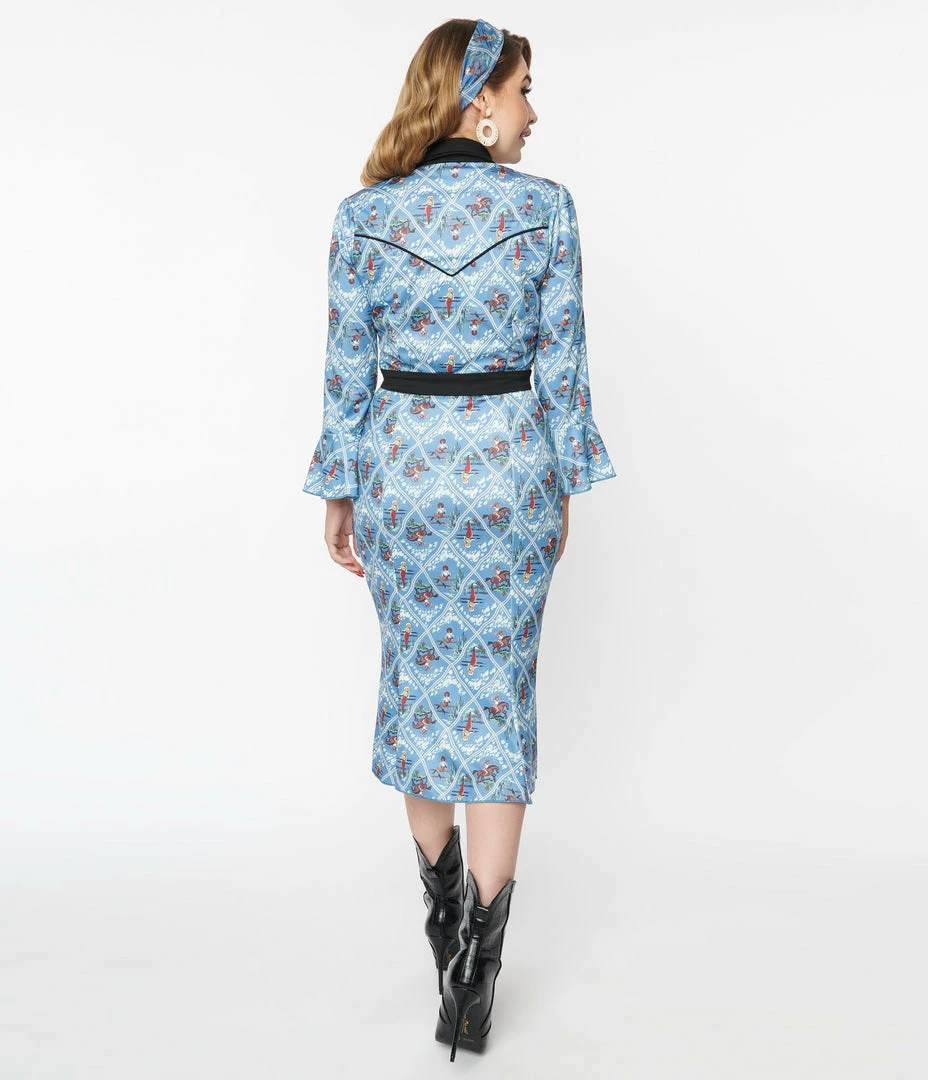 Clothing Unique Vintage Blue Western Pin-Up Print Wiggle Dress