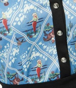 Clothing Unique Vintage Blue Western Pin-Up Print Wiggle Dress