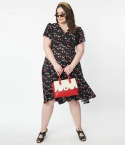 Clothing Unique Vintage Plus Size Black & Cherry Print Swing Dress