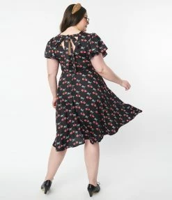 Clothing Unique Vintage Plus Size Black & Cherry Print Swing Dress