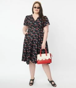 Clothing Unique Vintage Plus Size Black & Cherry Print Swing Dress