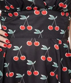 New Arrivals! Unique Vintage Black & Cherry Print Swing Dress