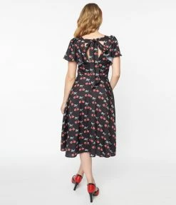 New Arrivals! Unique Vintage Black & Cherry Print Swing Dress