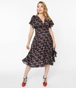 New Arrivals! Unique Vintage Black & Cherry Print Swing Dress