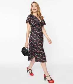 New Arrivals! Unique Vintage Black & Cherry Print Swing Dress