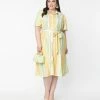 Flying Tomato Plus Size 1950s Yellow & Green Striped Shirt Dress