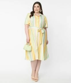 Flying Tomato Plus Size 1950s Yellow & Green Striped Shirt Dress