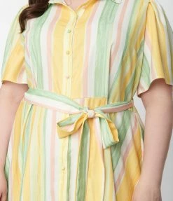 Flying Tomato Plus Size 1950s Yellow & Green Striped Shirt Dress