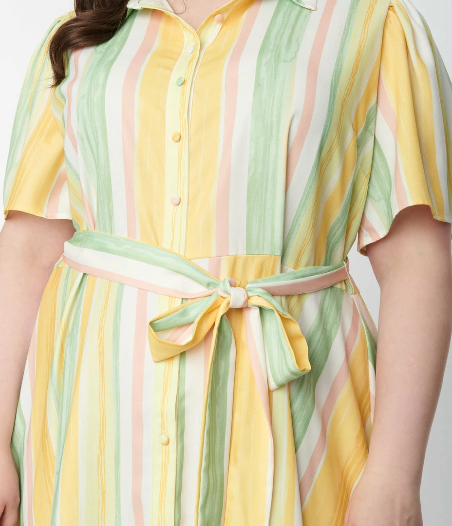 Flying Tomato Plus Size 1950s Yellow & Green Striped Shirt Dress