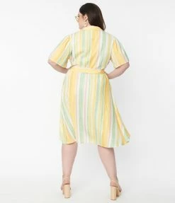 Flying Tomato Plus Size 1950s Yellow & Green Striped Shirt Dress