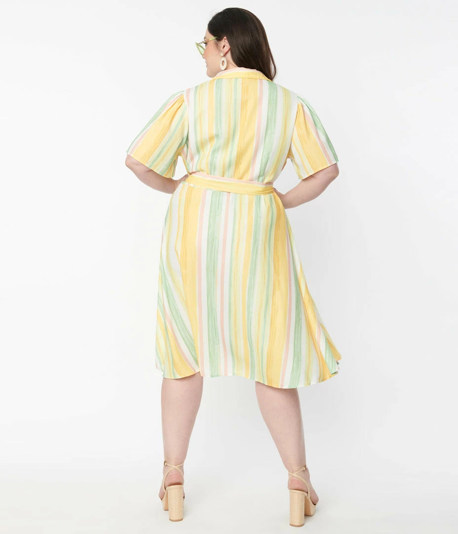 Flying Tomato Plus Size 1950s Yellow & Green Striped Shirt Dress