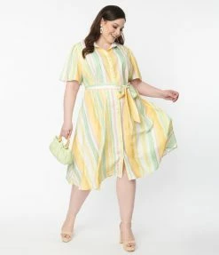 Flying Tomato Plus Size 1950s Yellow & Green Striped Shirt Dress