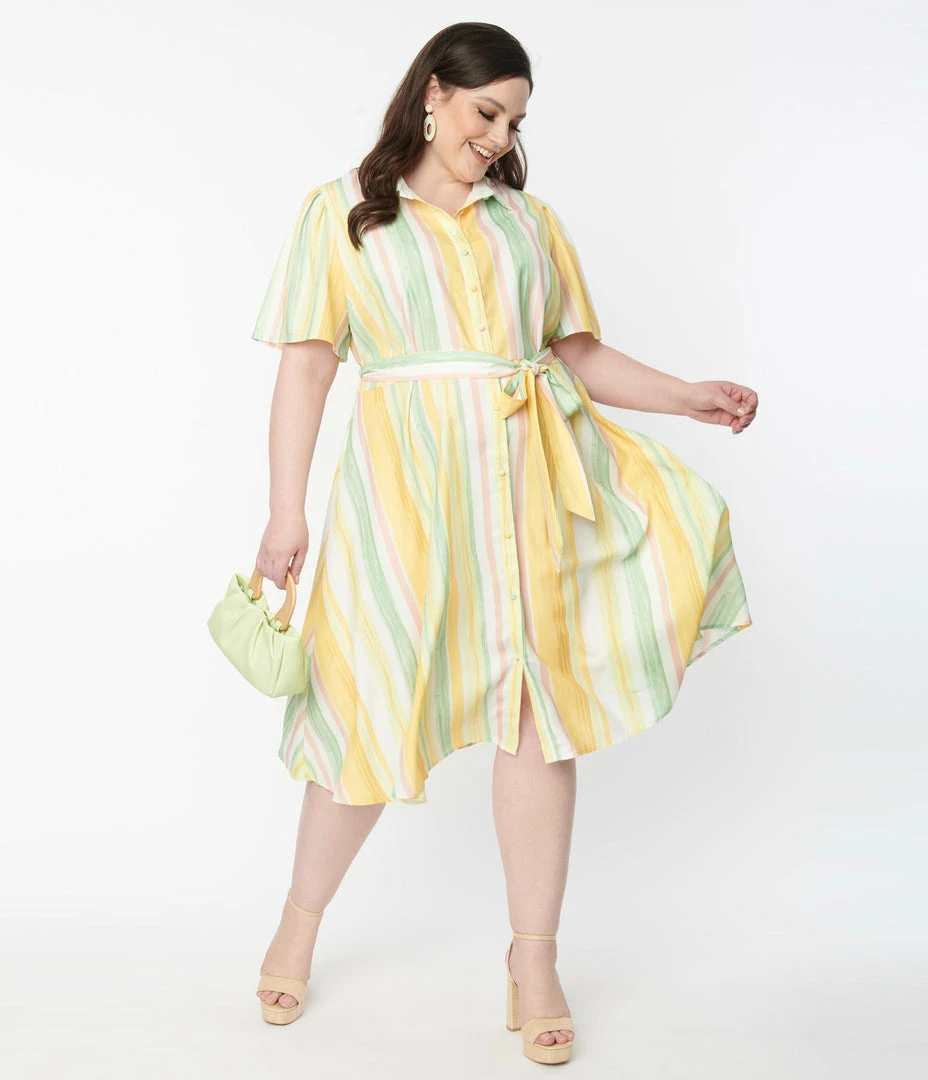 Flying Tomato Plus Size 1950s Yellow & Green Striped Shirt Dress