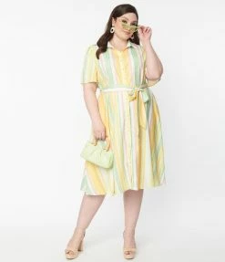 Flying Tomato Plus Size 1950s Yellow & Green Striped Shirt Dress