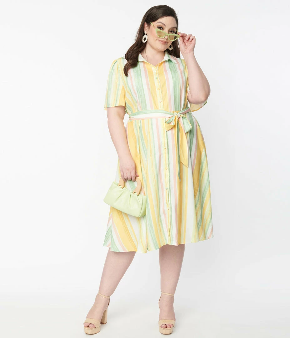 Flying Tomato Plus Size 1950s Yellow & Green Striped Shirt Dress