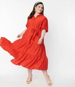 Flying Tomato Sale Plus Size Red Tiered Midi Dress