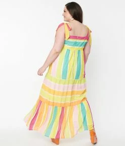 Flying Tomato Plus Size Rainbow Striped Tiered Maxi Dress