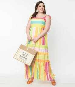 Flying Tomato Plus Size Rainbow Striped Tiered Maxi Dress