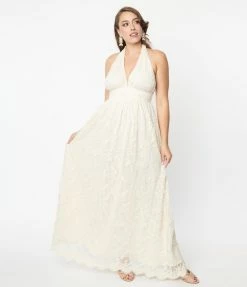 Flying Tomato Ivory Lace Halter Bridal Maxi Dress Wedding